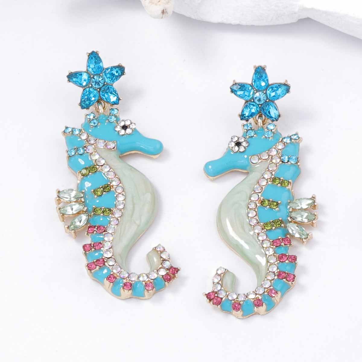 Colorful Enamel Color Sea Horse Dangle Earrings Rhinestone Inlaid Sparkle Earrings - Image 4