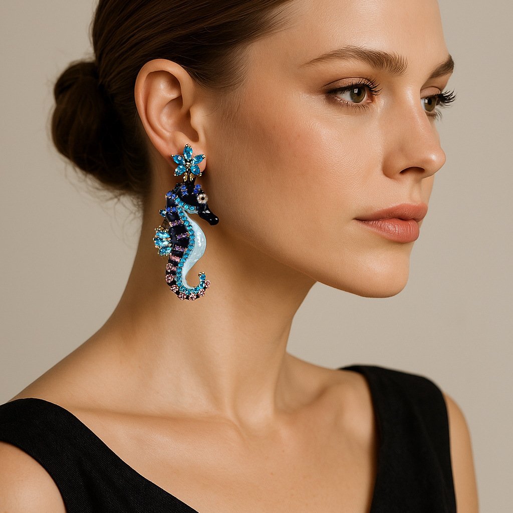 Colorful Enamel Color Sea Horse Dangle Earrings Rhinestone Inlaid Sparkle Earrings - Image 2