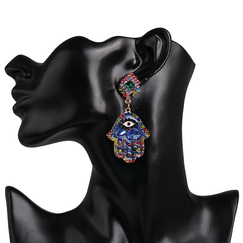 Colorful Evil Eye Palm Shape Gillter Dangle Earrings - Image 3