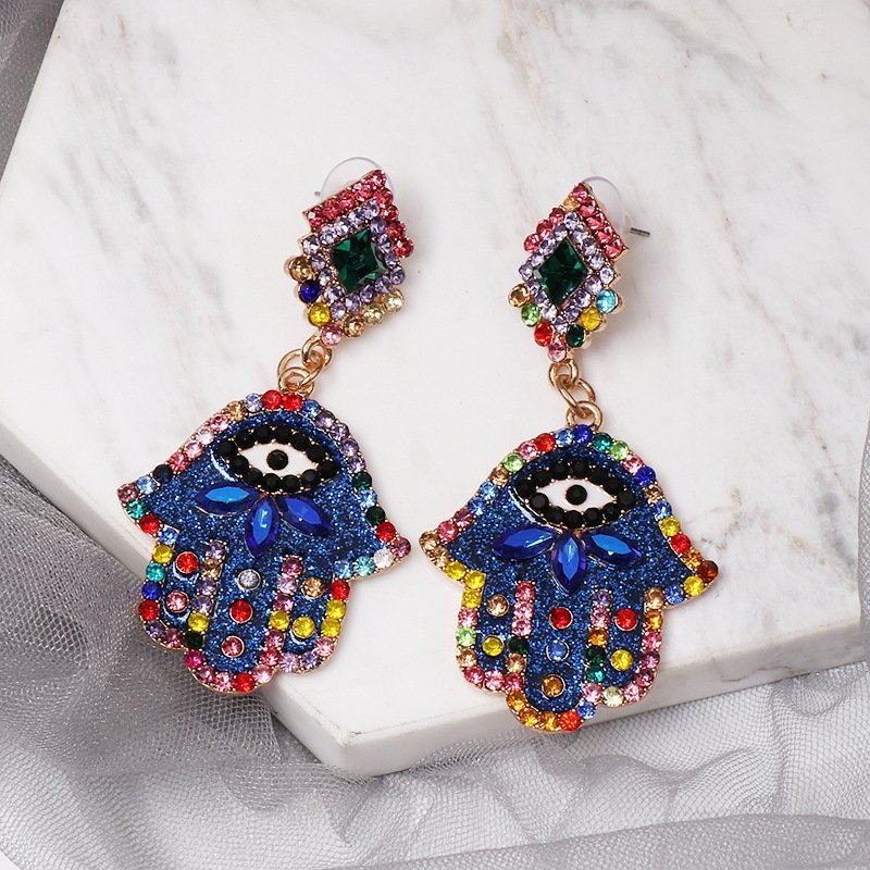 Colorful Evil Eye Palm Shape Gillter Dangle Earrings - Image 2
