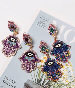 Colorful Evil Eye Palm Shape Gillter Dangle Earrings