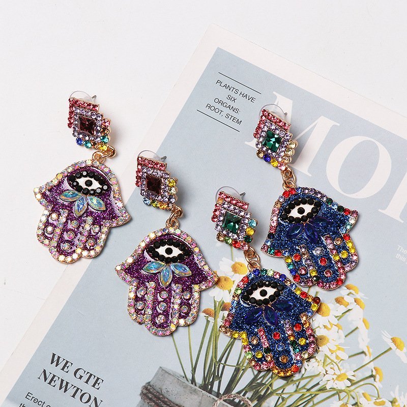 Colorful Evil Eye Palm Shape Gillter Dangle Earrings