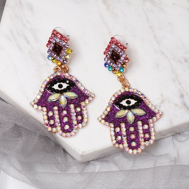 Colorful Evil Eye Palm Shape Gillter Dangle Earrings - Image 4