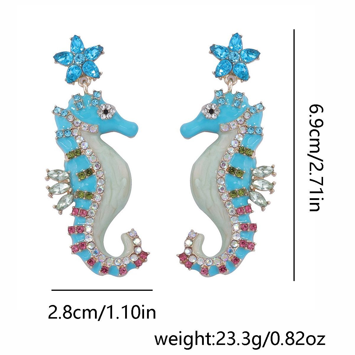 Colorful Enamel Color Sea Horse Dangle Earrings Rhinestone Inlaid Sparkle Earrings - Image 5
