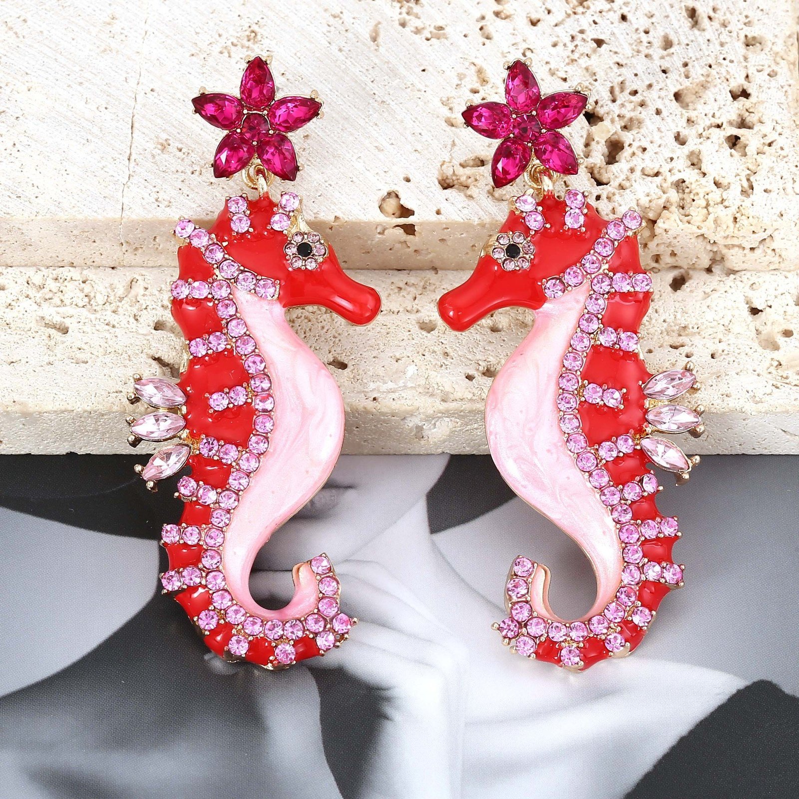 Colorful Enamel Color Sea Horse Dangle Earrings Rhinestone Inlaid Sparkle Earrings - Image 3