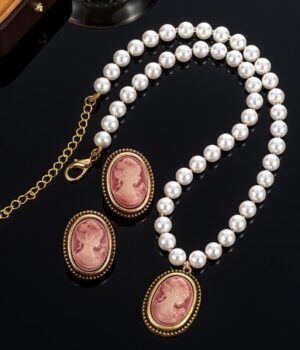 Pink Cameo Style Vintage Vibe Stud Earrings Glass Pearl Chain Necklace