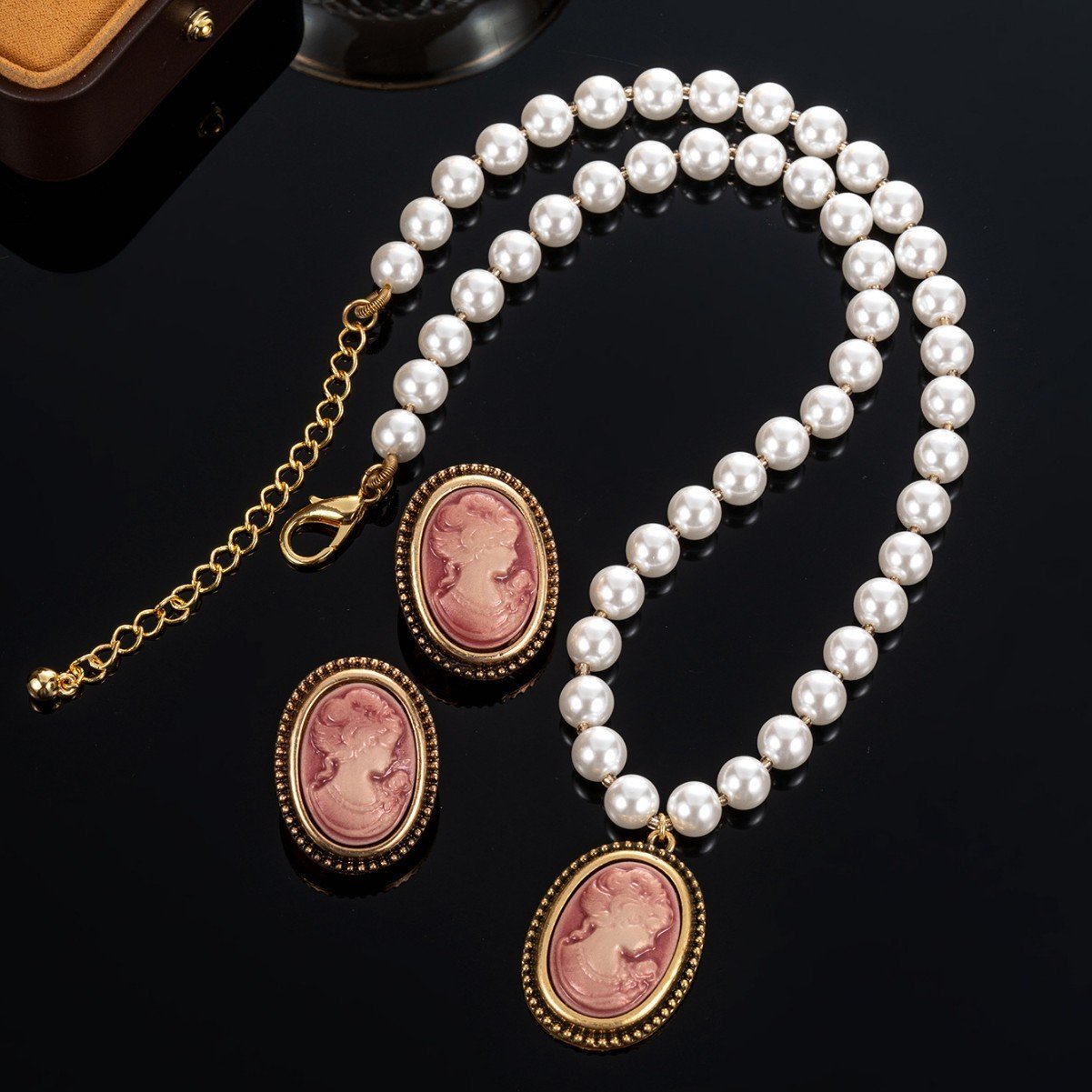 Pink Cameo Style Vintage Vibe Stud Earrings Glass Pearl Chain Necklace