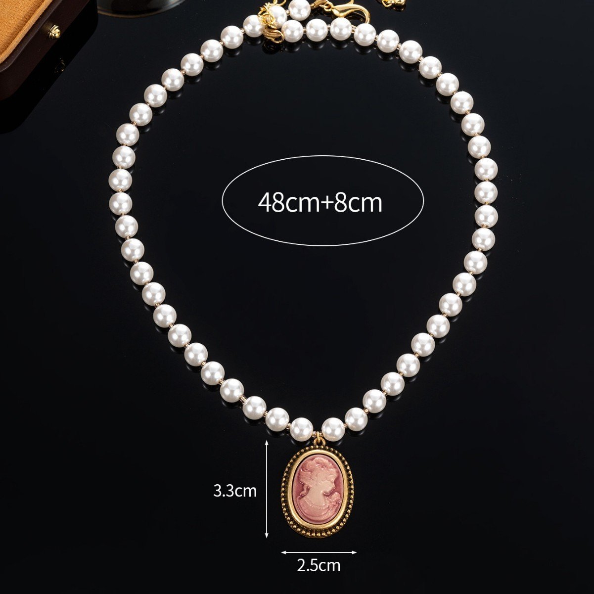 Pink Cameo Style Vintage Vibe Stud Earrings Glass Pearl Chain Necklace - Image 3