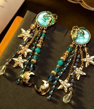 18k Gold Plated Vintage Style Blue Moon Face with Star Tassel Earrings S925 Post Part