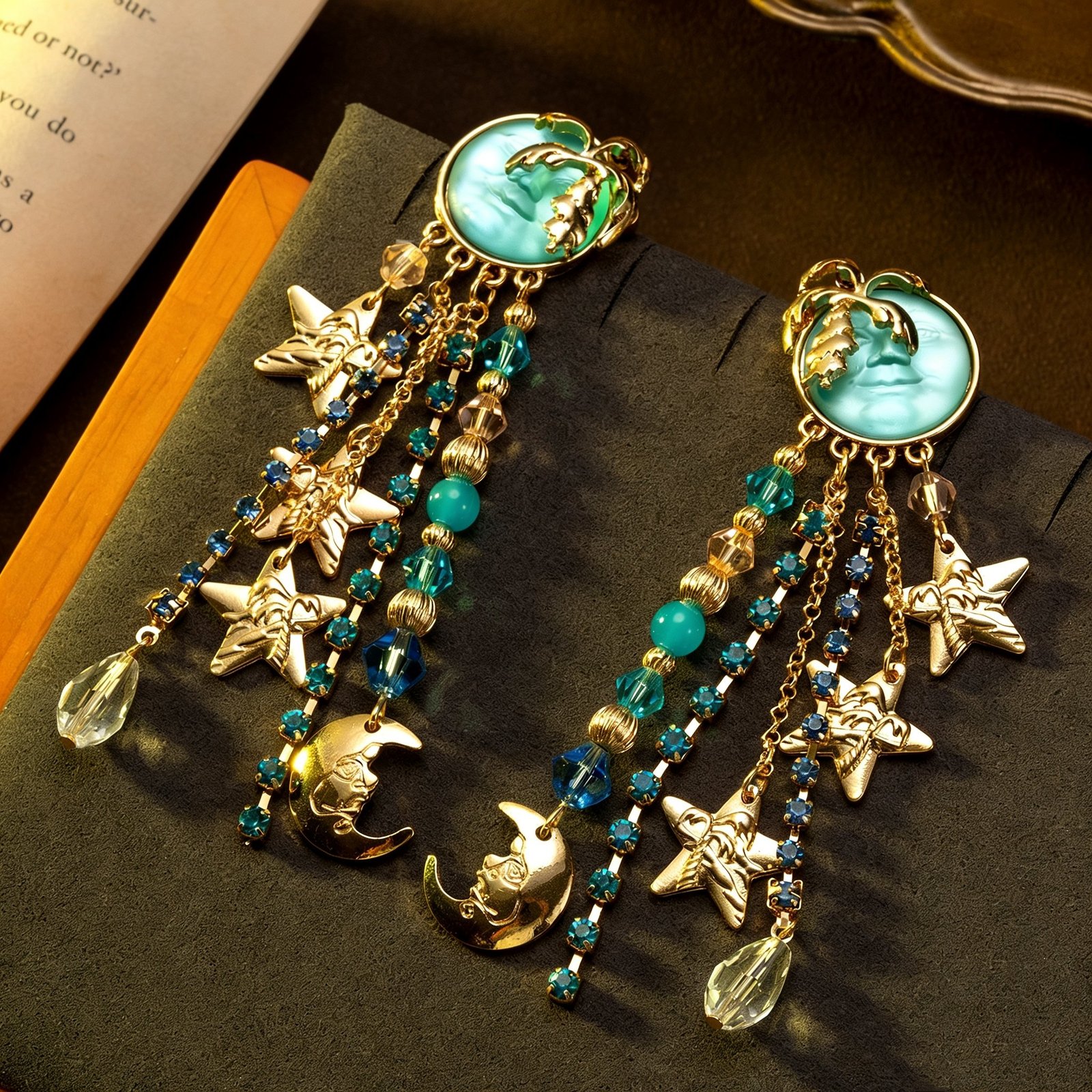 18k Gold Plated Vintage Style Blue Moon Face with Star Tassel Earrings S925 Post Part