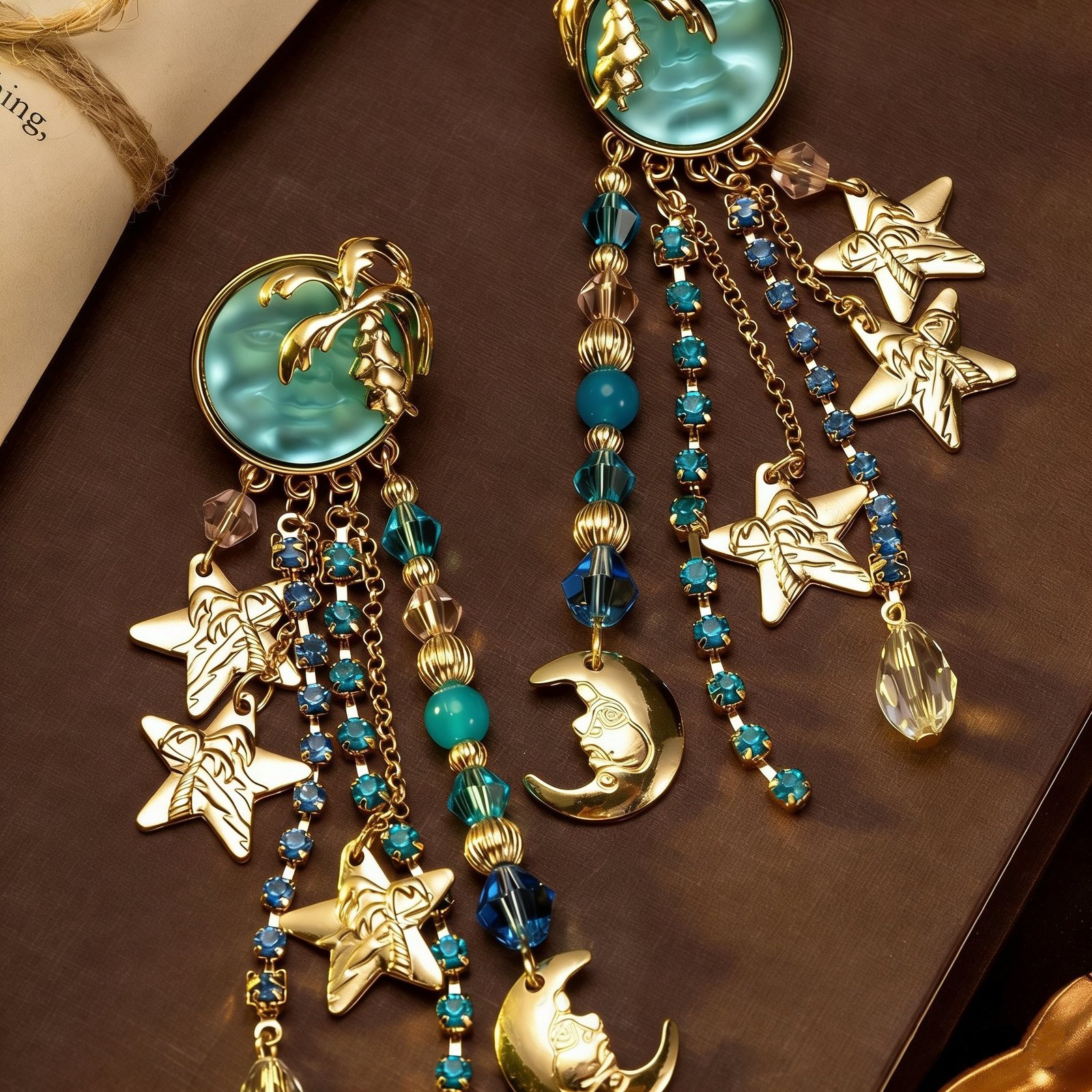 18k Gold Plated Vintage Style Blue Moon Face with Star Tassel Earrings S925 Post Part - Image 4