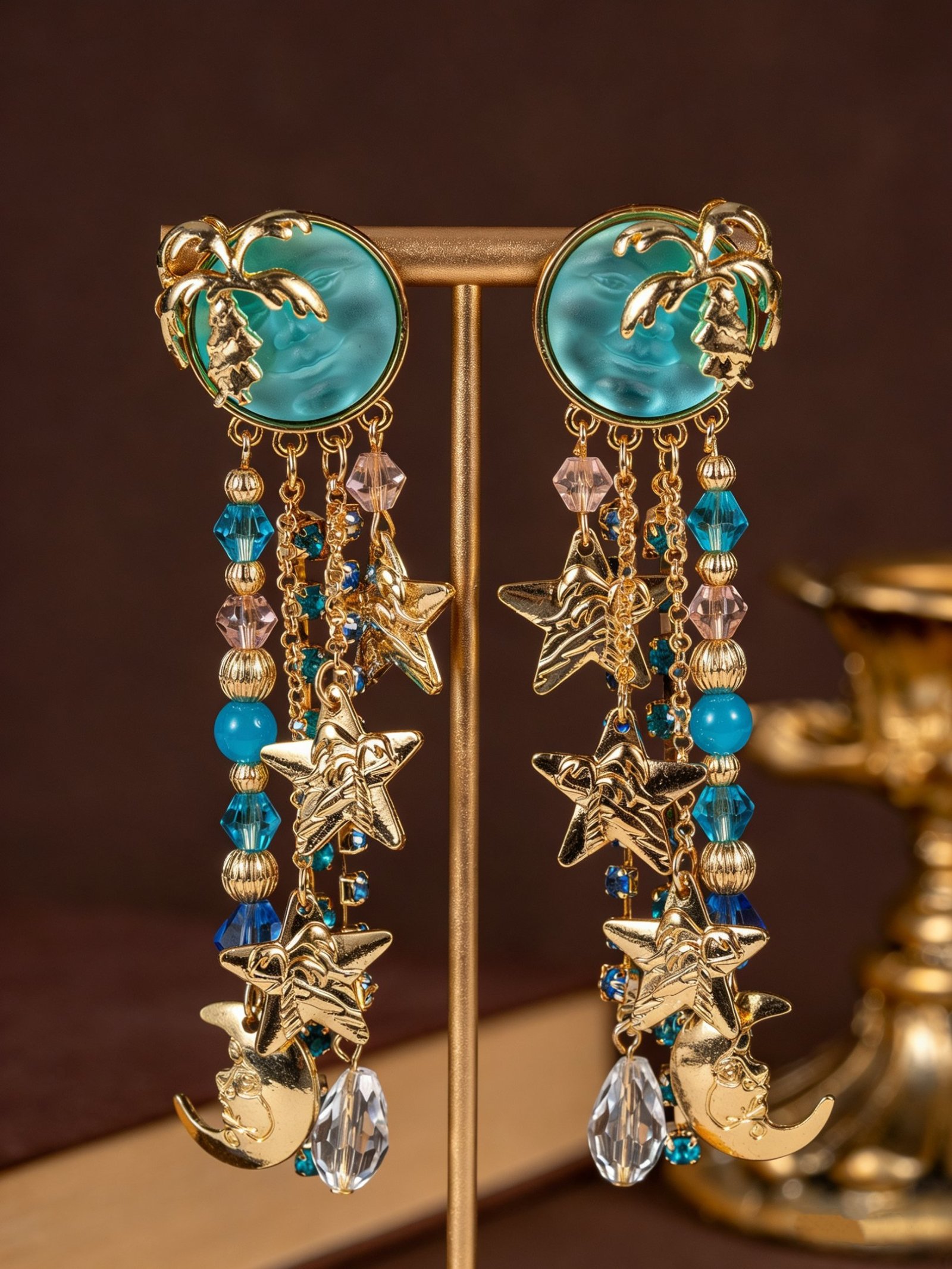 18k Gold Plated Vintage Style Blue Moon Face with Star Tassel Earrings S925 Post Part - Image 3