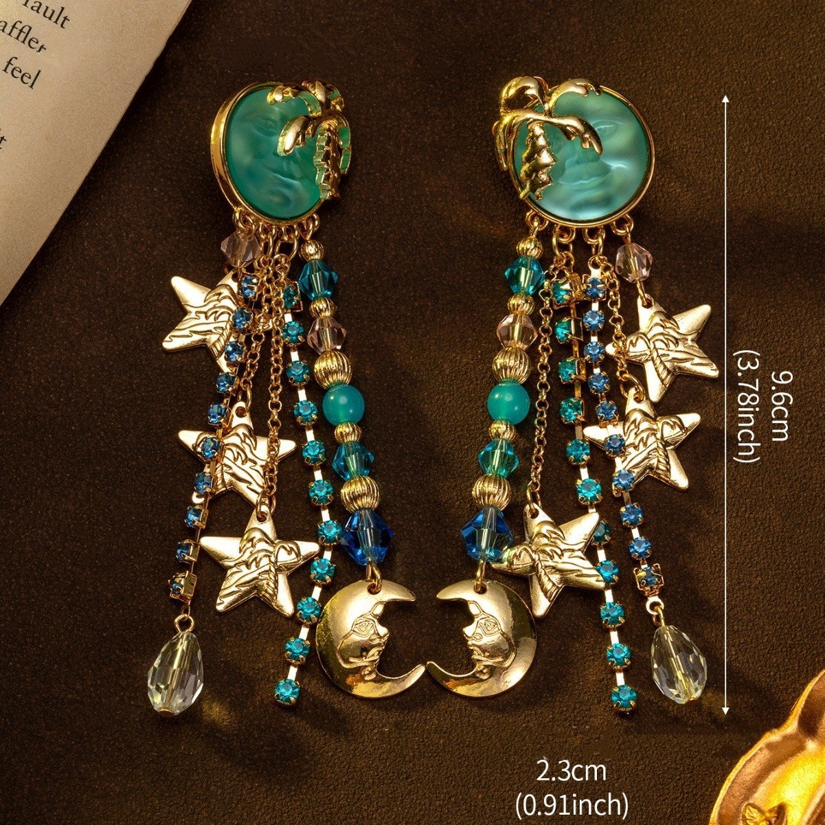 18k Gold Plated Vintage Style Blue Moon Face with Star Tassel Earrings S925 Post Part - Image 2