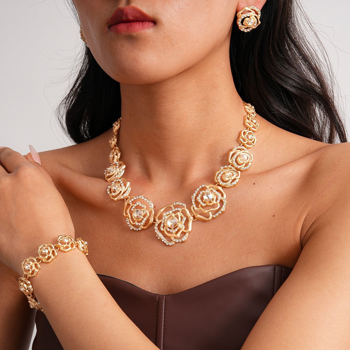 Mattention Gold Color Hollow Rose Flower Stud Earrings Necklace Bracelet Set - Image 6