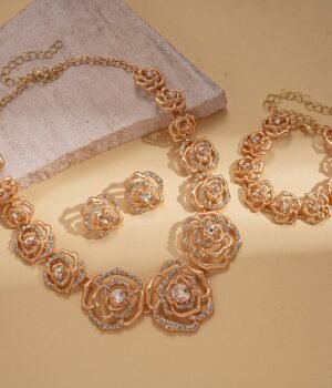 Mattention Gold Color Hollow Rose Flower Stud Earrings Necklace Bracelet Set