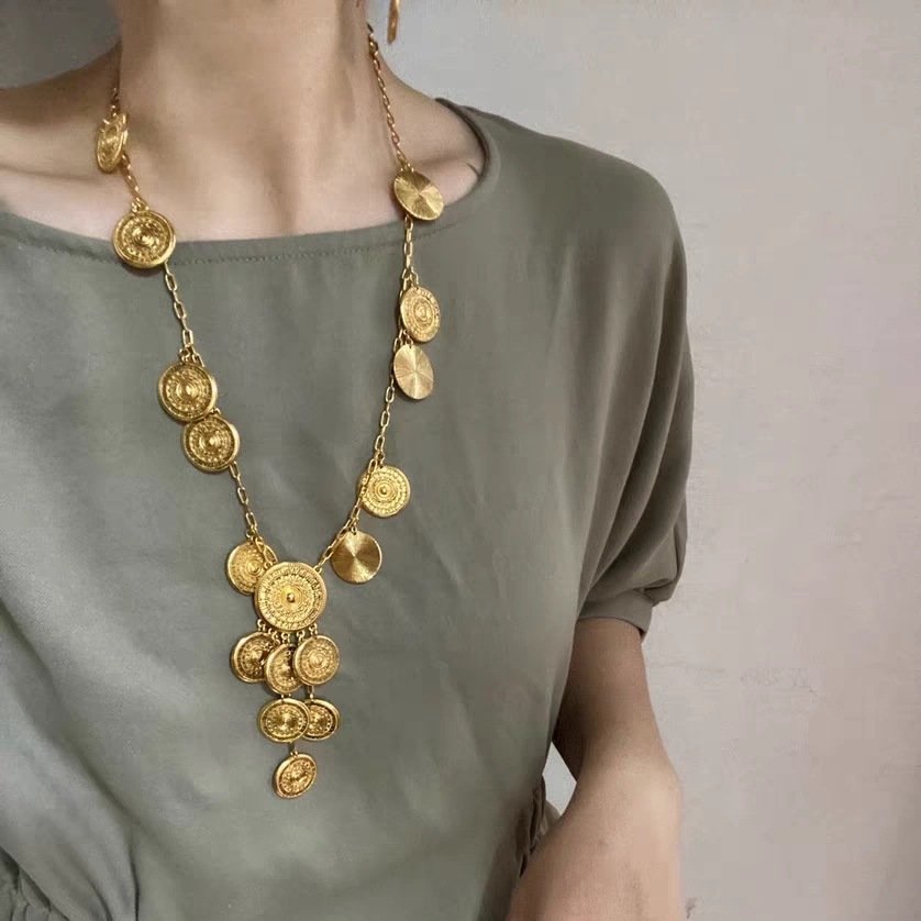 Boho Style Coin Shape Tassel Earrings Long Layer Necklace Set Gold / Silver - Image 5