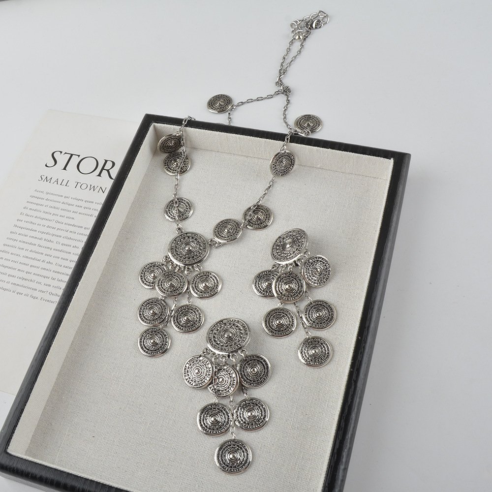 Boho Style Coin Shape Tassel Earrings Long Layer Necklace Set Gold / Silver - Image 3