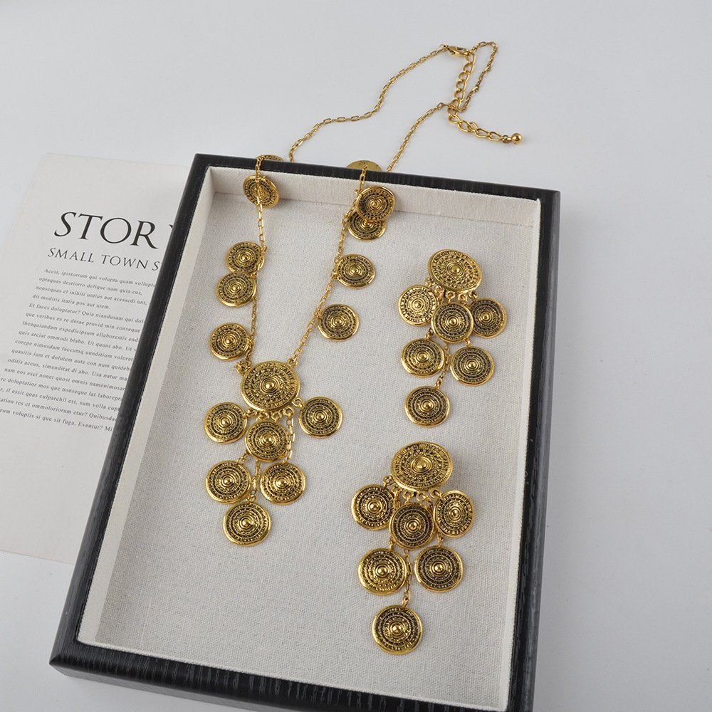 Boho Style Coin Shape Tassel Earrings Long Layer Necklace Set Gold / Silver - Image 2