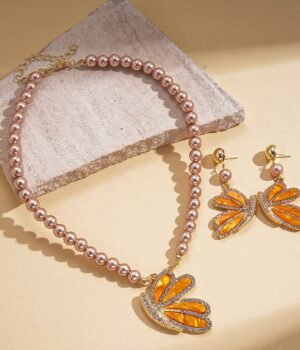 Orange Butterfly Dangle Earrings Necklace Set