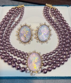 Gold Plated Colorful Cameo Stud Earrings Glass Pearl Layered Necklace Statement Piece Purple / White (Box not included)