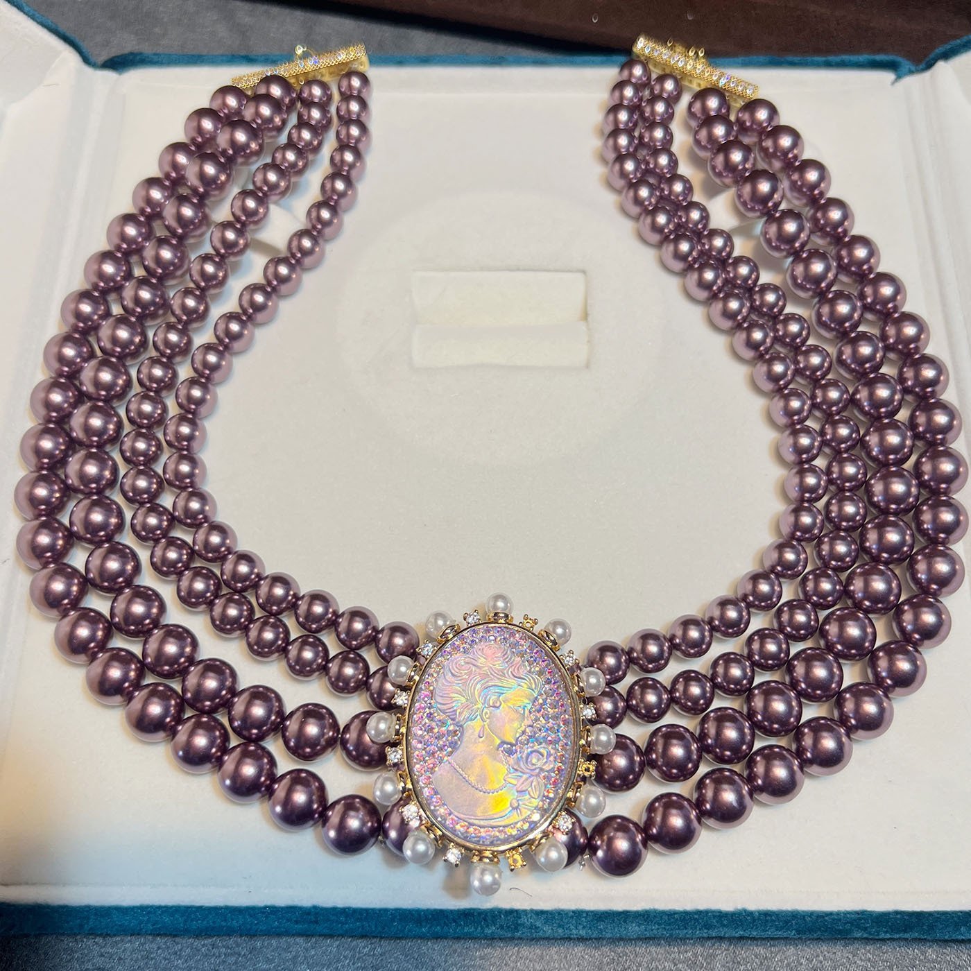 Gold Plated Colorful Cameo Stud Earrings Glass Pearl Layered Necklace Statement Piece Purple / White (Box not included) - Image 3