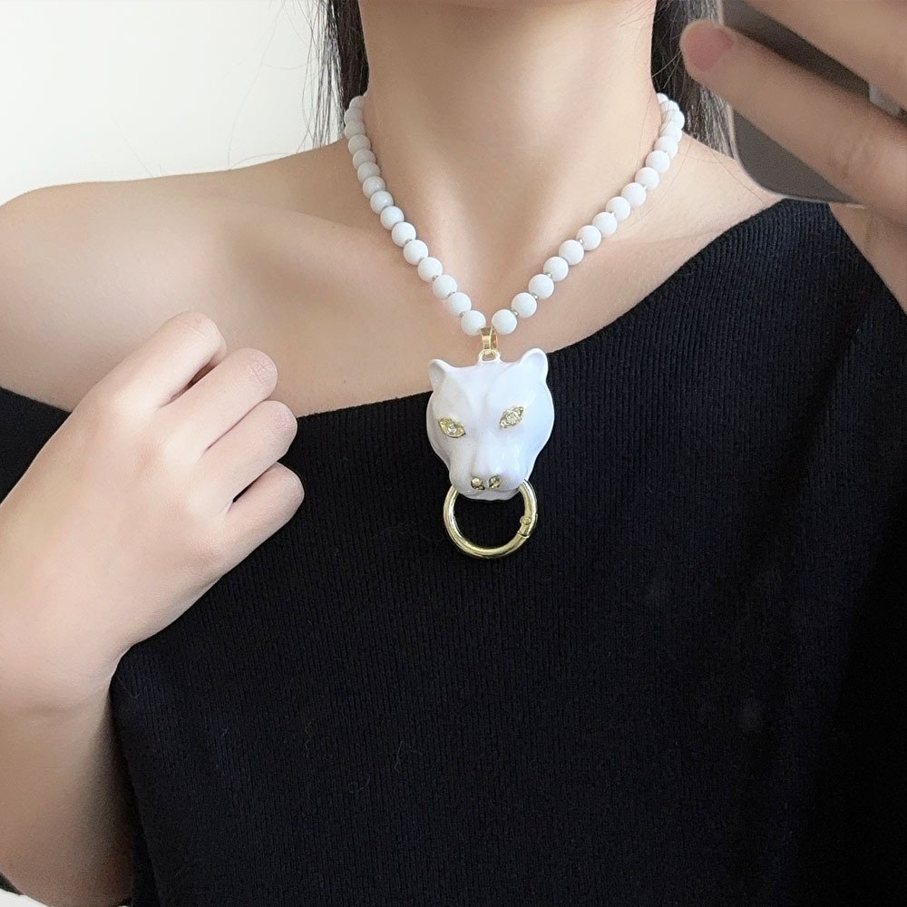 Enamel Color Big Cat Tiger Leopard Head Pendant Beaded Necklace - Image 3