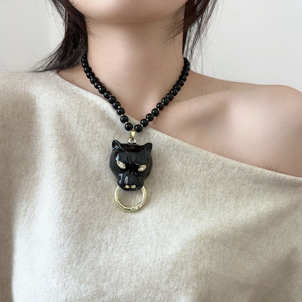 Enamel Color Big Cat Tiger Leopard Head Pendant Beaded Necklace - Image 4