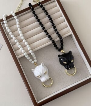 Enamel Color Big Cat Tiger Leopard Head Pendant Beaded Necklace