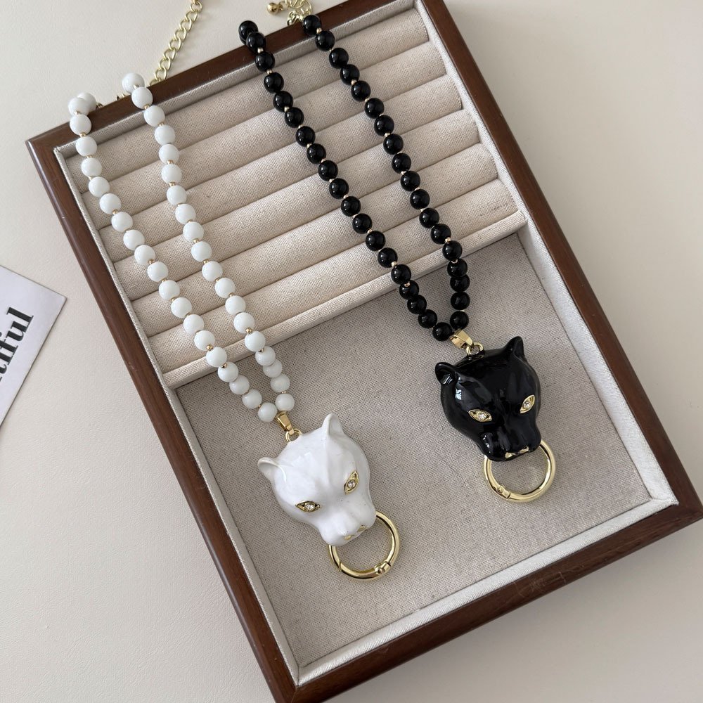 Enamel Color Big Cat Tiger Leopard Head Pendant Beaded Necklace