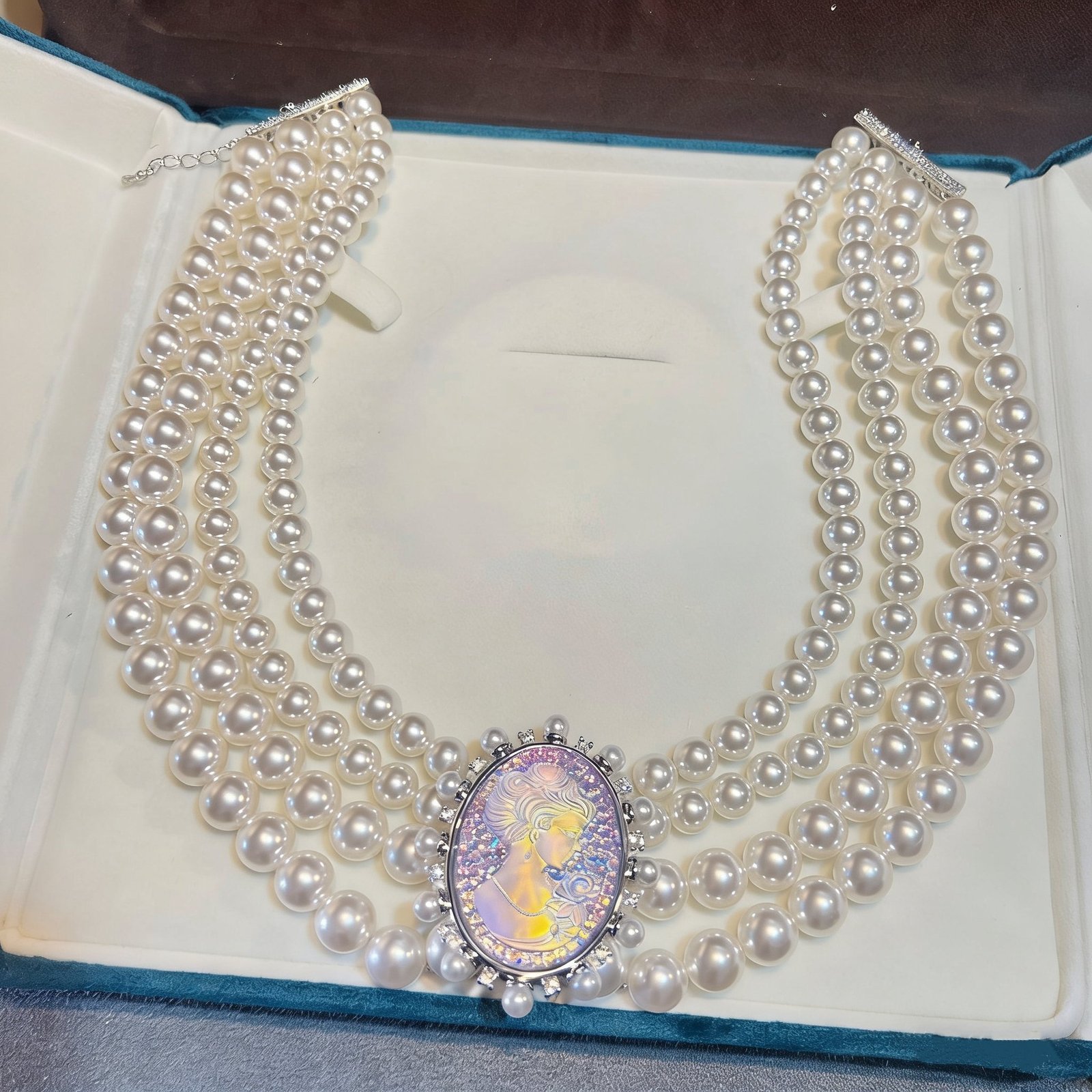 Gold Plated Colorful Cameo Stud Earrings Glass Pearl Layered Necklace Statement Piece Purple / White (Box not included) - Image 4