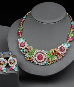 Enamel Colorful Rhinestone Inlaid Sparkling Dangle Earrings Necklace Bridal Jewelry Set