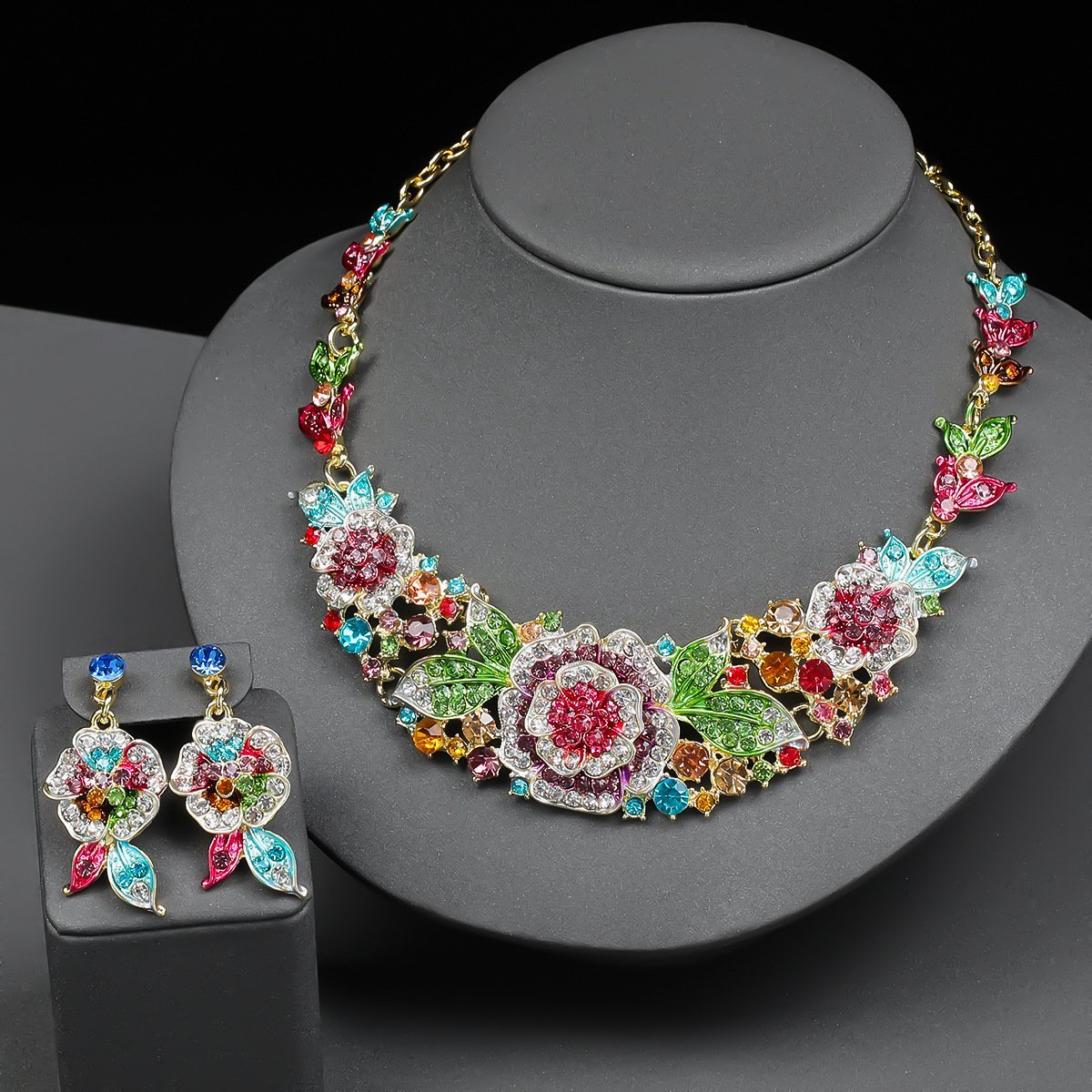 Enamel Colorful Rhinestone Inlaid Sparkling Dangle Earrings Necklace Bridal Jewelry Set