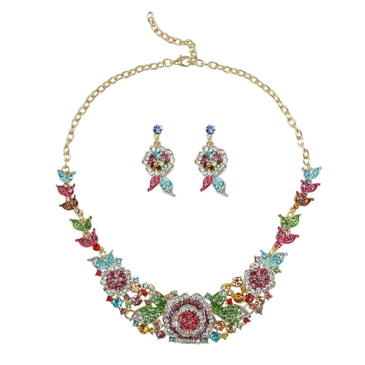 Enamel Colorful Rhinestone Inlaid Sparkling Dangle Earrings Necklace Bridal Jewelry Set - Image 6