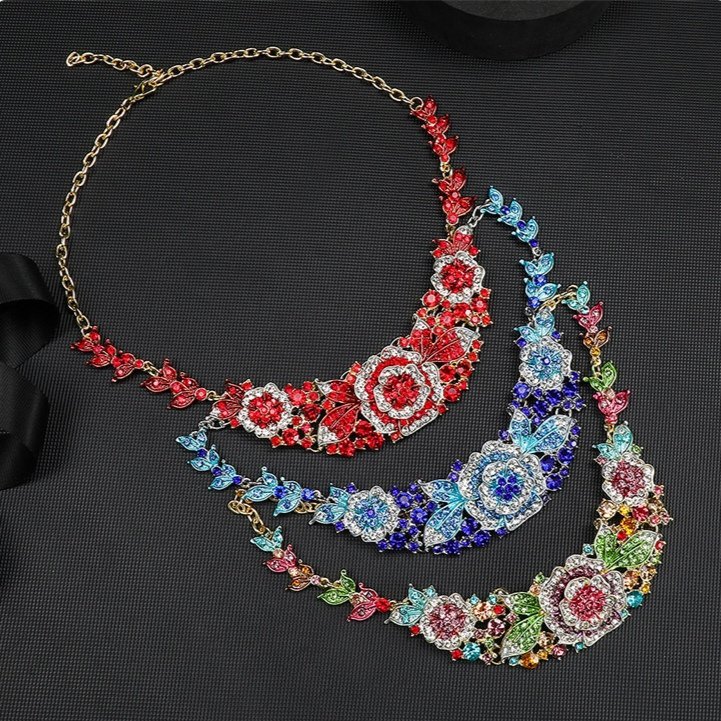 Enamel Colorful Rhinestone Inlaid Sparkling Dangle Earrings Necklace Bridal Jewelry Set - Image 2