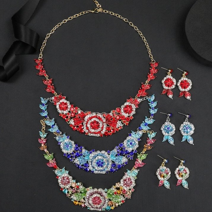 Enamel Colorful Rhinestone Inlaid Sparkling Dangle Earrings Necklace Bridal Jewelry Set - Image 3