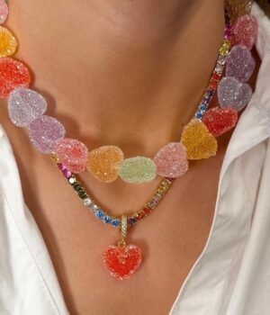 Colorful Heart Candy Beaded Necklace Stacks Resin Rainbow Hearts Dangle Earrings Zircon Inlaid Chain Choker Gifts for Women
