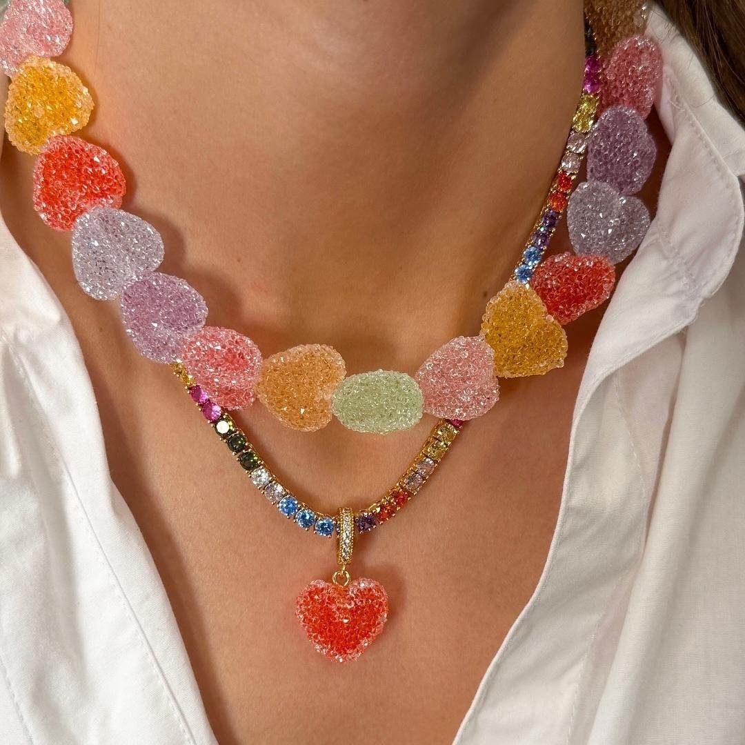 Colorful Heart Candy Beaded Necklace Stacks Resin Rainbow Hearts Dangle Earrings Zircon Inlaid Chain Choker Gifts for Women